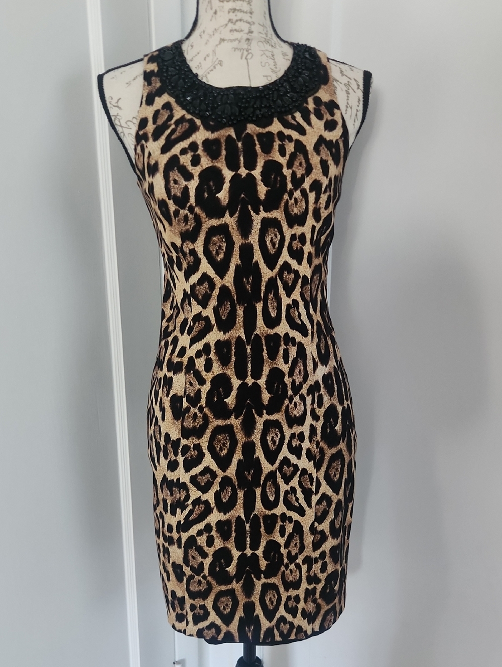 INC International Concepts Beaded-Neckline Leopard Print Mini Dress - Black/Tan